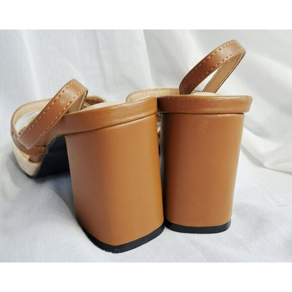 Women’s Point Toe Slingback Chunky Heels – Brown & Beige Linen  41 US 10 - Picture 7 of 10